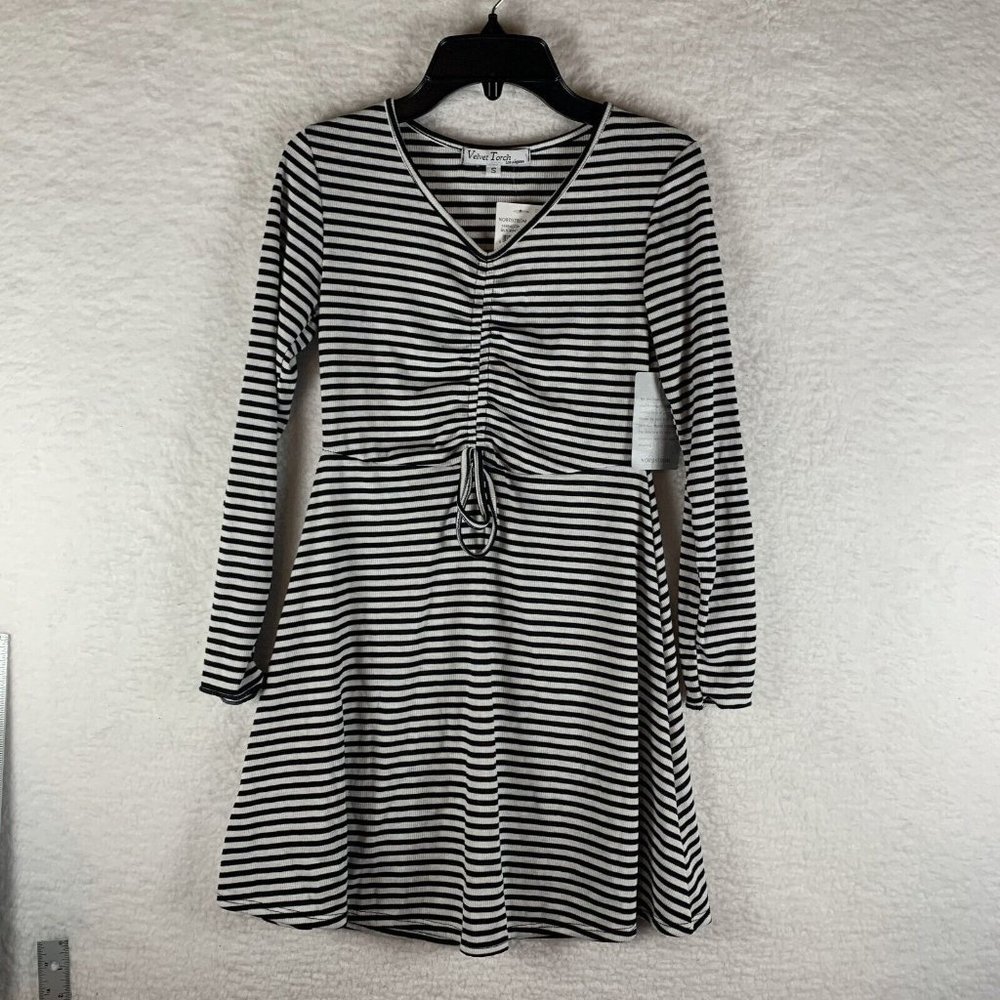 Velvet Torch A-Line Dress Women's Small‎ Striped Ruched Front Skater V-Neck 6533